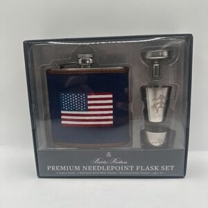 Brooks Brothers NeedlePoint American Flag 6 oz Hip Flask Set Shot Glasses Funnel